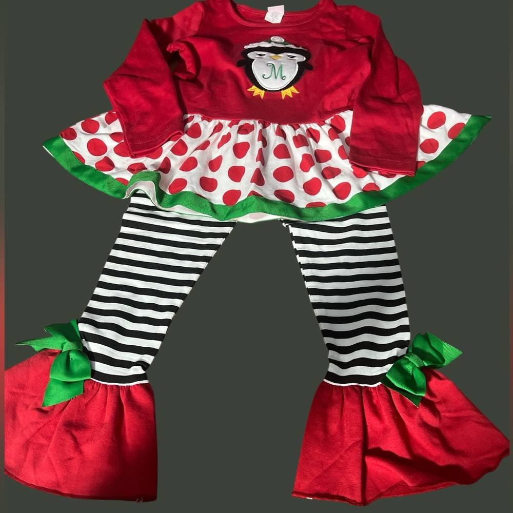 Monogrammed “M” Ricrac and Ruffles Penguin Outfit - Size 6